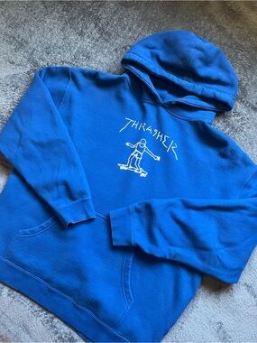 Thrasher Blue Hoodie with White Skate Graphic - Large
